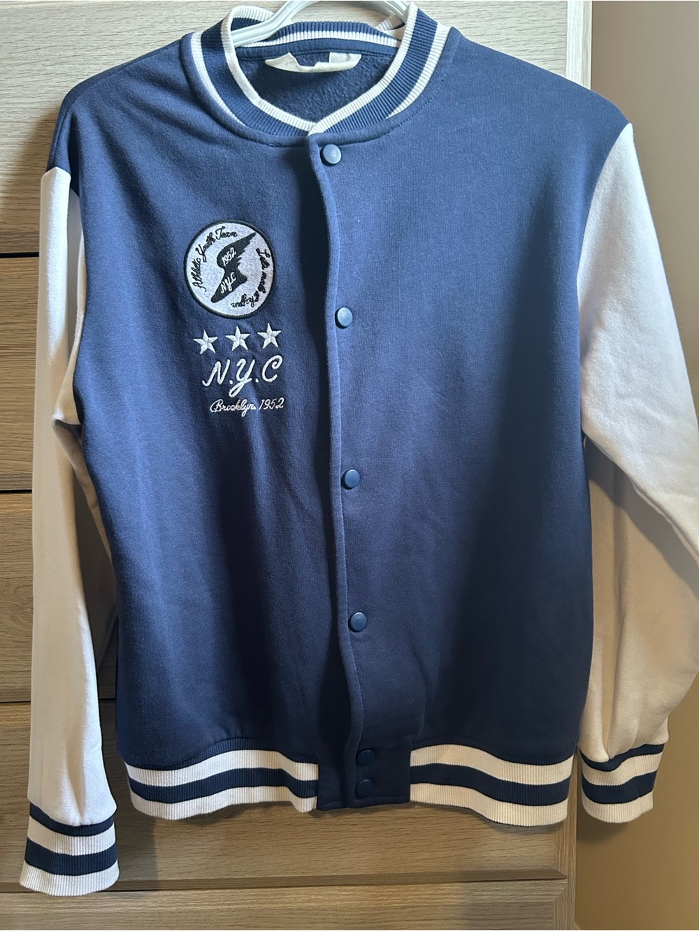H&M Navy and White Kids Varsity Jacket with NYC Patch